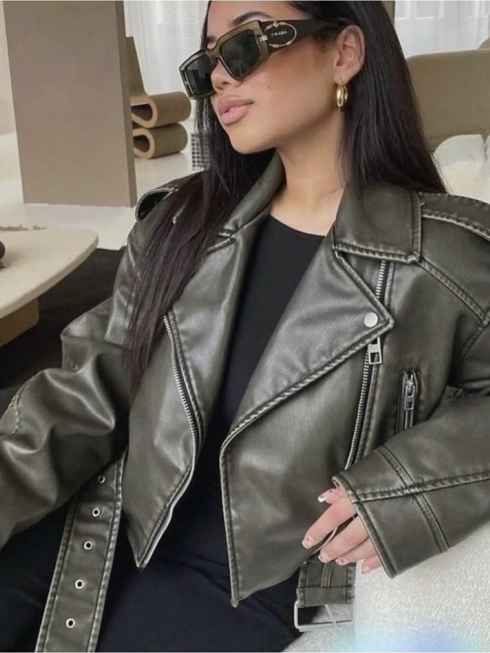 Zara Dark Olive Faux Leather Moto Jacket